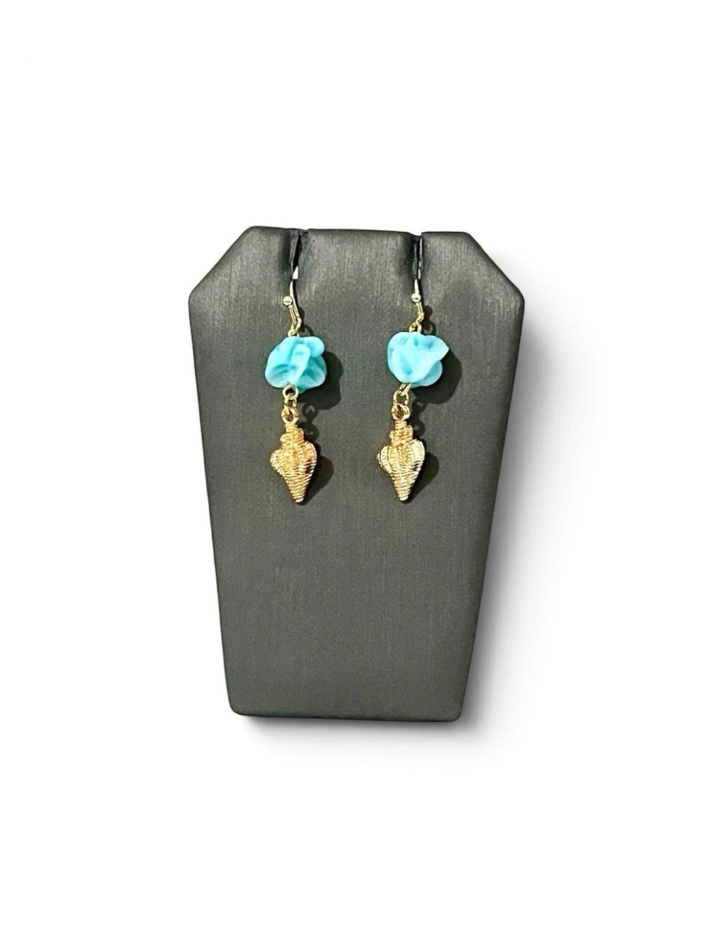 Gold Conch Seashell Dangle Earrings Blue Acrylic Beads Beach Ocean Nautical